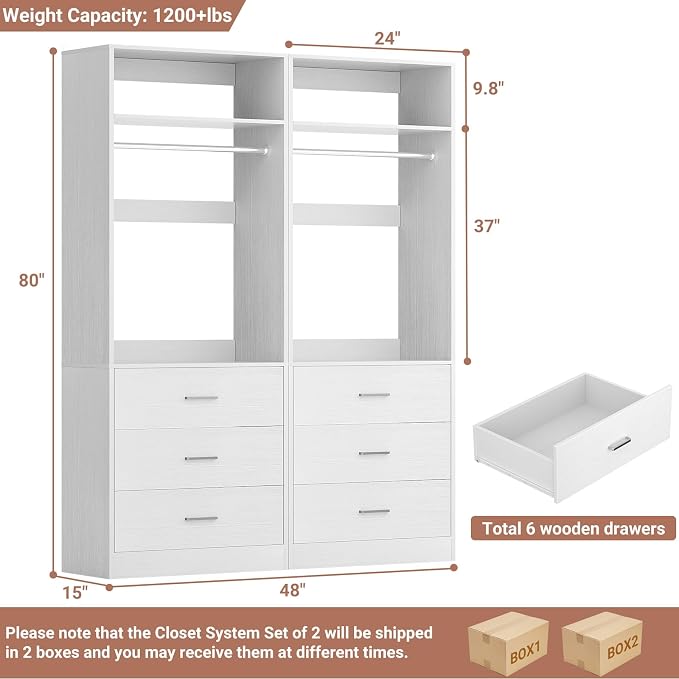 Besiost Closet System Set of 2, 4FT Closet Systems with 6 Wood Drawers, 48" Closet Organizer System with 2 Hanging Rods & 2 Shelves, Heavy Duty 48 Inch Walk-in Closet , White (48"L x 15" W x 80" H)