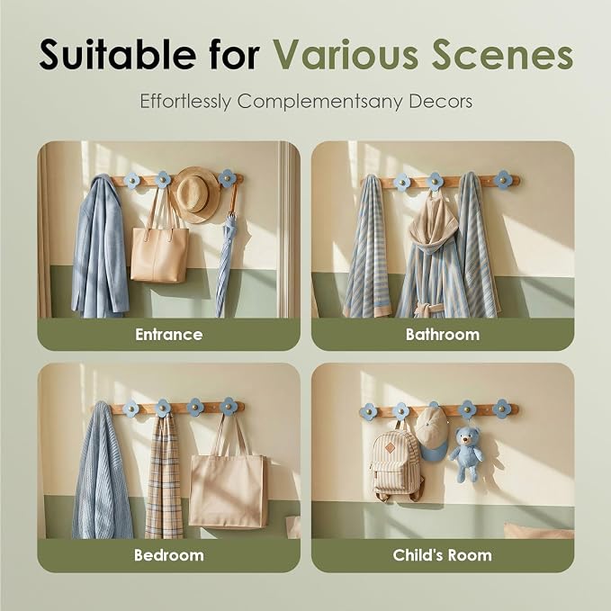 Tindbea Upgreded Heavy Duty Coat Rack Wall Mount for Entryway, Kids' Room | Cheery Wood, Blue, 5 Hooks
