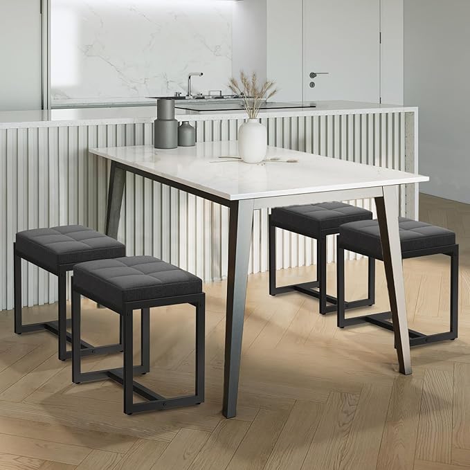 Vanity Stool, Vanity Chair Stools for Makeup Room, Square Linen Makeup Stool for Vanity, Modern Padded Vanity Bench Small Ottoman Foot Rest Stool for Bedroom Living Room, Dark Grey & Black