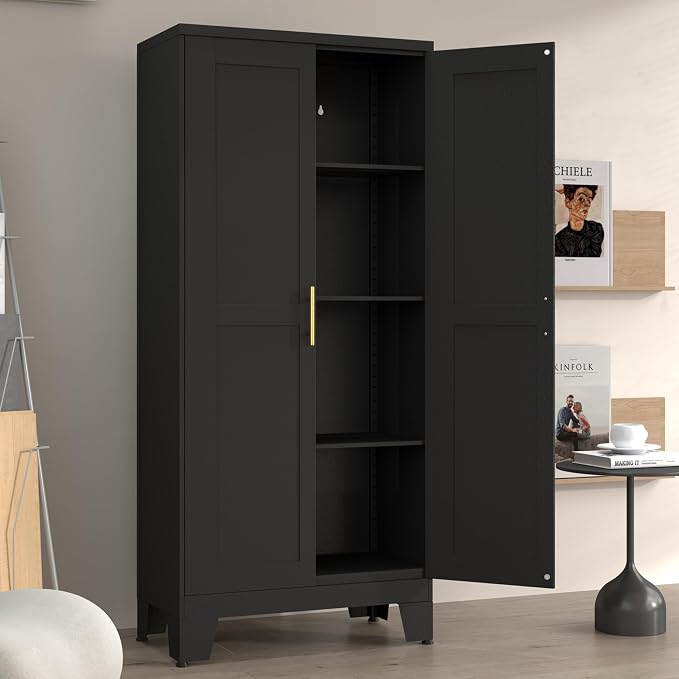 Winiowa Metal Pantry Cabinet with 2 Doors and Adjustable Shelves, 61"Kitchen Storage Cabinet with Gold Handles, Versatile Storage for Laundry, Living, Bathroom, Dining, Utility Room - Black