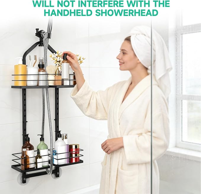 Shower Caddy Hanging for Handheld Showerheads Adjustable Hagging Shower Caddy, Stainless Steel Hose Hanging Shower Organizer 4 Levels Height Shower Rack(black