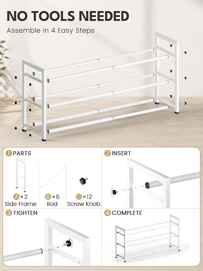 Bumusty 3 Tier Expandable Shoe Rack for Closet, White | 18"-33" Adjustable Shoe Rack for Entryway, Small Shoe Organizer for Dorm, Front Door, Sturdy Metal