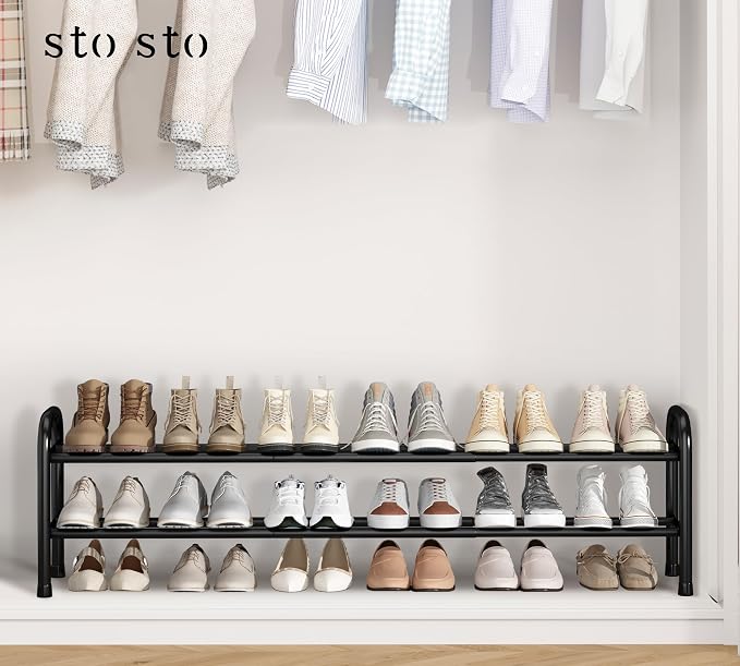 STO STO Long Expandable Shoe Rack 2-Tier, Adjustable Length 33.7”–47.5” Shoe Organizer, Metal Shoes Storage Shelf, Holds Up to 18 Pairs, Non-Slip Feet, for Closet, Entryway, Hallway, Front Door, Black