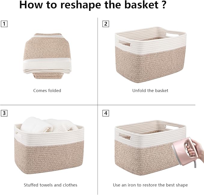 OIAHOMY 4 Pack Storage Basket, 13"x9"x7.8" Cotton Rope Baskets for Shelves, Closet Organizer for Bedroom & Living Room, Soft Decorative Bins for Organizing Towels, Books & Toys, Brown & White