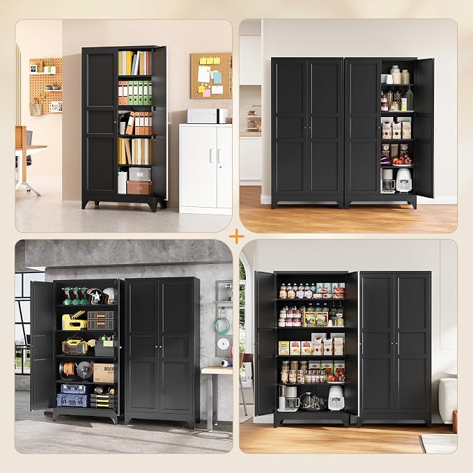 Yizosh Metal Pantry Cabinet, 75" Kitchen Pantry with 2 Door and 4 Adjustable Shelves,Black Metal Pantry Storage Cabinet,Cupboard for Kitchen,Dining Room,Living Room and Bathroom