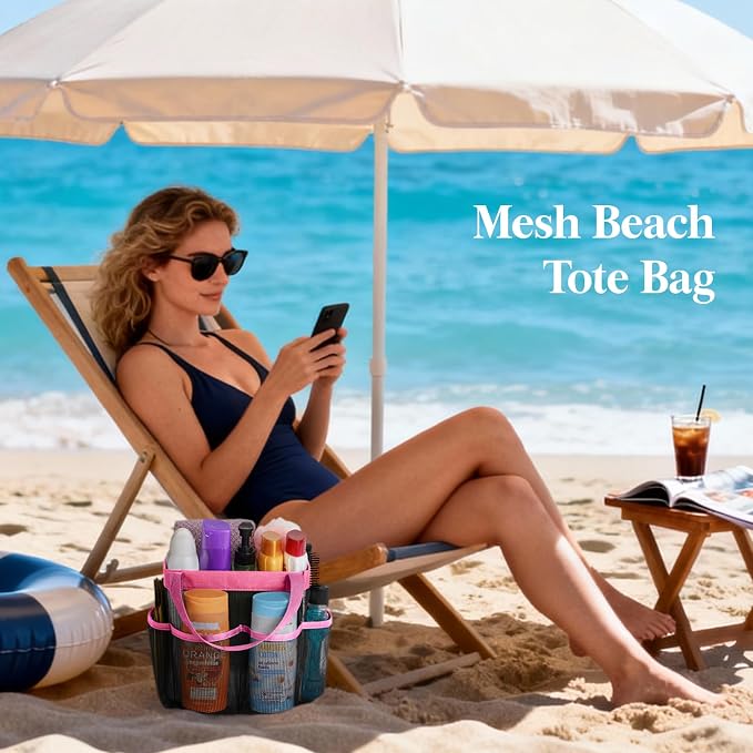 Lifewit Mesh Shower Caddy Portable for College Dorm Room Essentials with 7 Pockets, Freestanding Hanging Organizer Basket, Quick Dry Tote Bag for Camping, Bathroom, Beach, Travel, 1 Pack, Pink