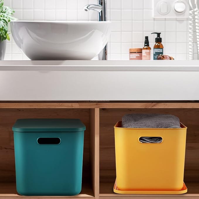 8 Pieces Colorful Storage Bins with Lid, Plastic Storage Basket Organizing Container Stackable Box with Handle for Shelves Desktop Playroom Office(14.2 x 10.2 x 9.5 Inch,Multi-colored)