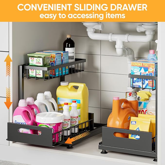 Saydear L-Shaped Under Sink Organizer, 2-Tier Pull-out Cabinet Rack 1-Pack | Black Height-Adjustable Steel Rack, Sliding Grid Drawers with PP Liners, Holds 100 Lbs, Suction Base, Ideal Kitchen Storage