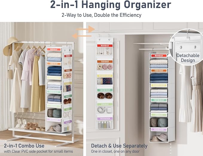 DIMJ Weekly Clothes Organizer for Kids - 2 in 1 Hanging Closet Organizer 6-Shelf Daily Monday Friday and Weekend Hanging Shelf Over the Door/Closet, for School Outfits for Girls/Boys, White