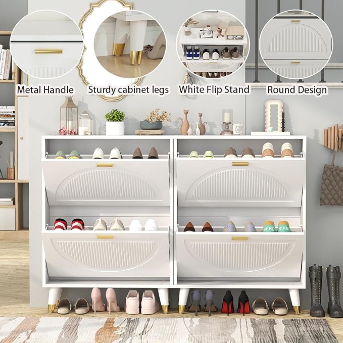 White Shoe Cabinet Storage for Entryway: Modern Hidden Shoe Storage Cabinet, Shoes Rack with 4 Flip Drawers, Wood Small Organizer with Doors (2 Pieces,25")