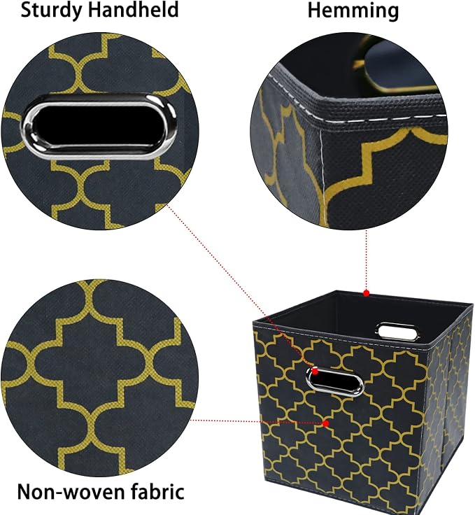 Black Foldable Storage Cubes Bins , Fabric Storage Box Cubes Organizer Baskets with Dual Handles for Home Organizer Grey Gold