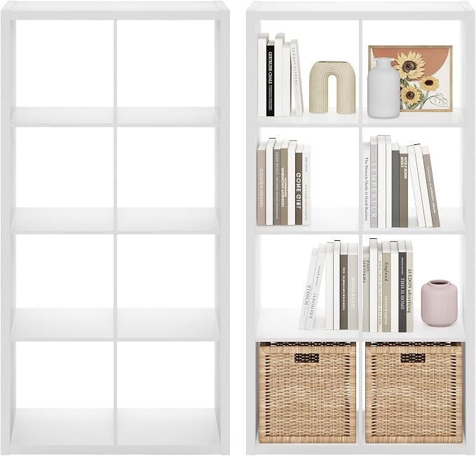 Furinno Cubicle Book Shelf Set of 2, 8-Cube Bookshelf, White | 14.6 x 30 x 57.9, Thick Frame, Horizontal & Vertical Reversible Bookcase, Open Back, for Living Room, Bedroom, Home Office