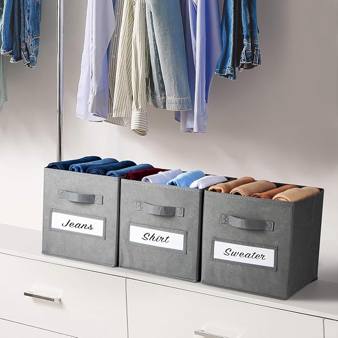 13x13x13 storage cube bins (Set of 10) Fabric storage cubes with 10 Labels Window Cards & a Pen, storage cubes 13x13, Collapsible 13 inch cube storage bins, Cubby Organizer Boxes, Gray