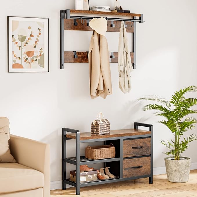 Hall Tree with Bench and Shoe Storage, 31.5” Coat Rack Freestanding | Rustic Brown, 5 in 1 Intelligent Design, 17 Hooks, 2 Drawers, Handy Clothes Rail