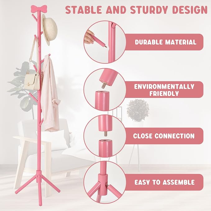 RattanView Wooden Pink Bow Coat Rack Coquette Freestanding Coat Rack with 8 Hooks and 3 Adjustable Size Tree Racks for Purse Hats Scarves Handbags Bedroom Hallway Entrance Office