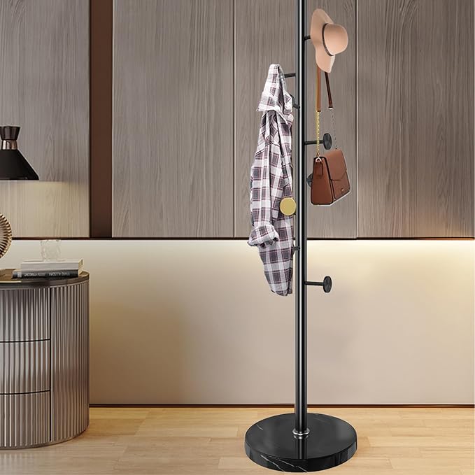 Coat Rack Stand,Black Metal Coat Rack Freestanding with 8 Hooks | Modern Coat Rack with Natural Marble Base,Coat Hanger Stand, 3 Adjustable Coat Clothes Tree Stand for Office