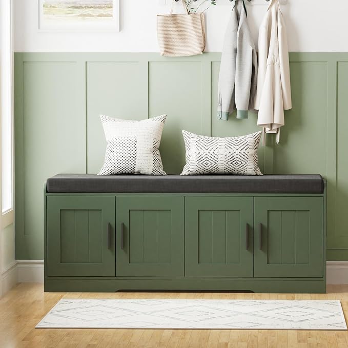 Homleke Shoe Storage Bench, 4 Doors & Thickened Padded Seat Cushion | 2-Tier Shoe Bench, Entryway Bench, Adjustable Shelf, 13.8" D x 45.3" W x 18.5" H, for Living Room, Bedroom, Green