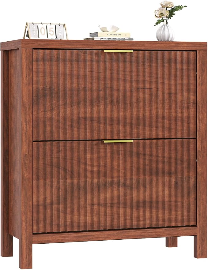 Fluted Shoe Cabinet Storage with 2 Flip Drawers for Entryway, Hallway | Narrow Shoe Rack Freestanding Shoe Organizer with Legs for Entryway,Hallway, Red Walnut
