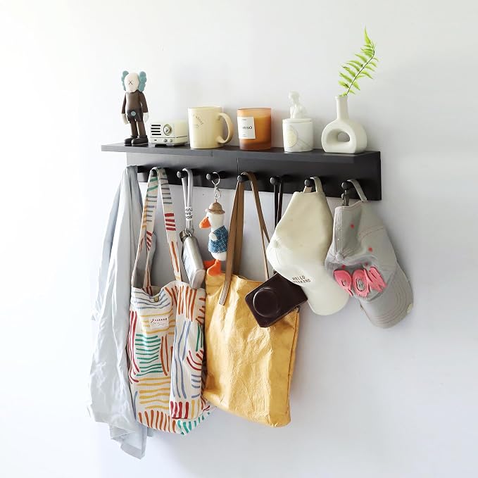Entrance Coat Rack ,Coat Hooks, Wall-Mounted Wooden Hook Rack, Wall-Mounted Shelves are Very Suitable (Black Color Finish—A-1)