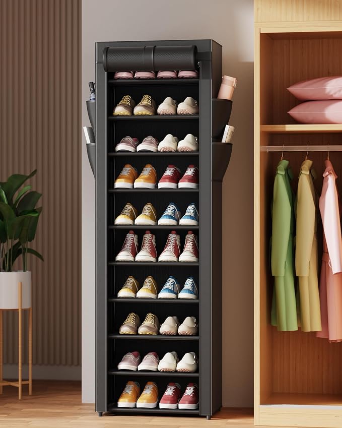 Kitsure 10-Tier Shoe Rack with Cover, Vertical Shelf, 17.5" Wide, Black | Space Saving Shoe Storage with Side Pocket, Shoe Organizer for Closet, Entryway, Bedroom, Zapateras Organizer