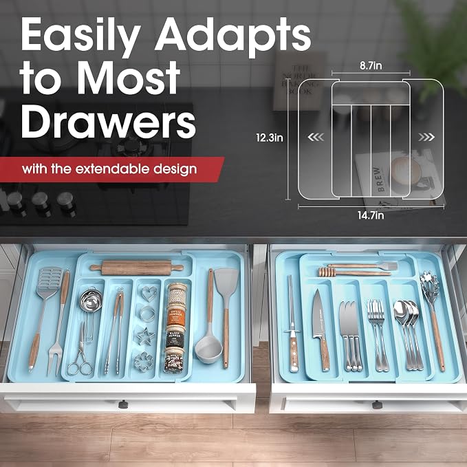 Aujen Silverware Drawer Organizer, Adjustable Utensil Cutlery Tray | Expandable Kitchen Organizer for Forks Knives, Multipurpose Kitchen Storage, Apartment Essentials, Blue, Medium