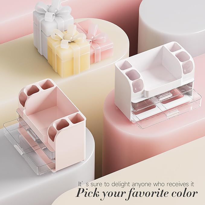 Delamu Large Makeup Organizer Countertop with 6 Brush Holders, Makeup Organizers for Vanity with 2 Large Drawers, Easy to Store Skincare, Lipsticks, Nail Polishes, Perfumes, Eyeshadow Palettes, White