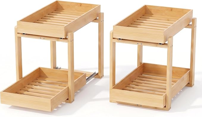 MHXW SXPN Bamboo Under Sink Organizer, 2 Pack Pull Out Cabinet Organizer | 2 Tier Vertical Smooth Slide Out Undersink Storage Shelf | Multi-Purpose Organizer Shelves for Kitchen Bathroom Medicine