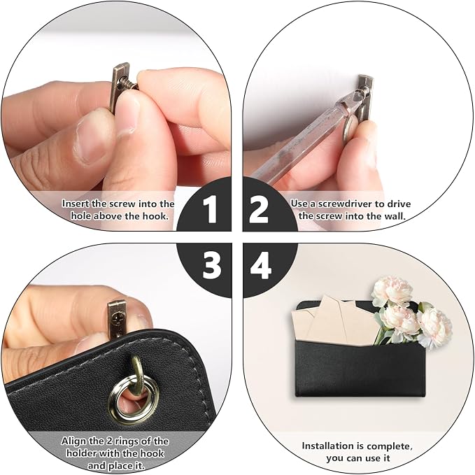 3 PCS Wall Mount PU Leather Mail Holder Black Faux Leather Letter Holder 2 Ring Wall Mail Organizer Stylish Wall Hanging Mail Storage for Flowers Envelope Key Notebooks Home Office Decor