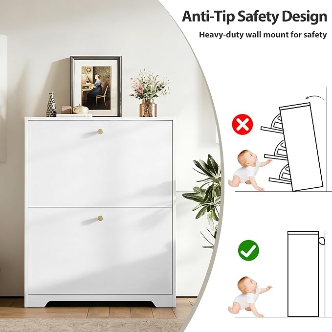 Nicetree Shoe Cabinet with 2 Flip Drawers, Modern Entryway Organizer, White | Narrow Shoe Organizer, Freestanding Shoe Rack Cabinet, Modern Shoe Storage Cabinet for Entryway, Hallway, Foyer, With Hook