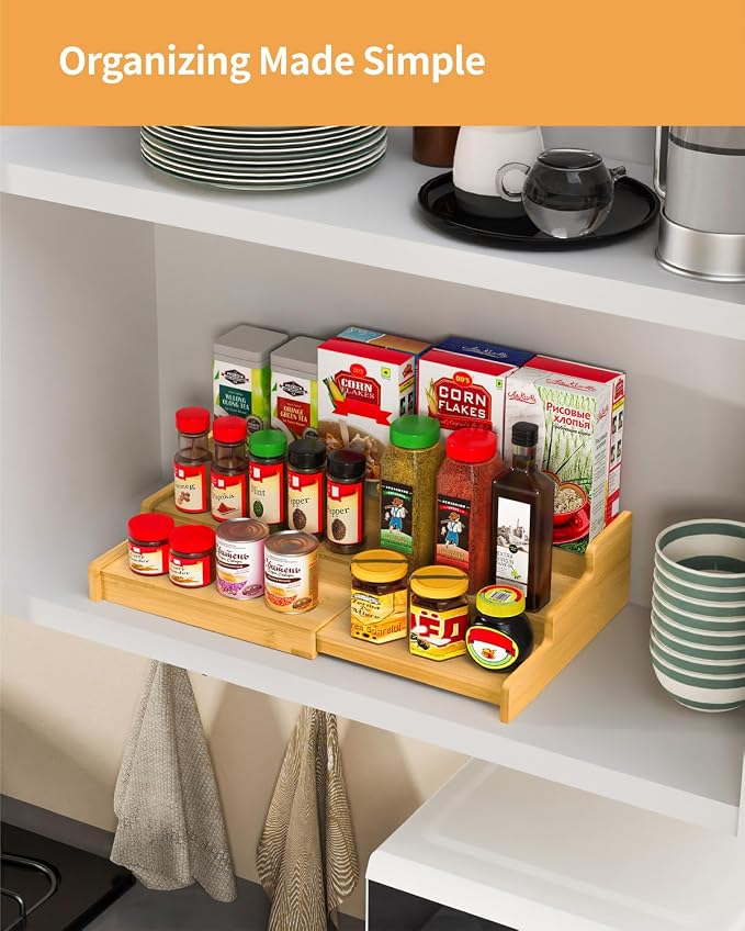 Spice Rack 3-Tier Natural Bamboo, Adjustable Cabinet Organizer Shelf | Expands 8.7-15.6"cabinets. Stepped design, labels visible.Storage organizer saves space, easy wipe. For spices, jars,cans.