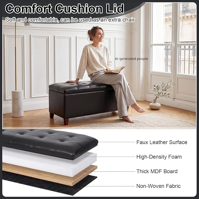 Storage Ottoman Bench, 33" Faux Leather Upholstered End of Bed Bench with Safety Hinge,Wooden Legs,for Entryway Bedroom Living Room,Black