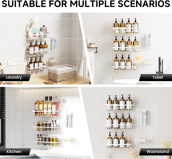 Shower Caddy, 5 Pack Shower Shelves for Inside Bathroom, Rustproof Adhesive Bathroom Organizer with Soap Holder, No Drilling Washroom Organizers and Storage for Bathtub Room/Kitchen/Home, White