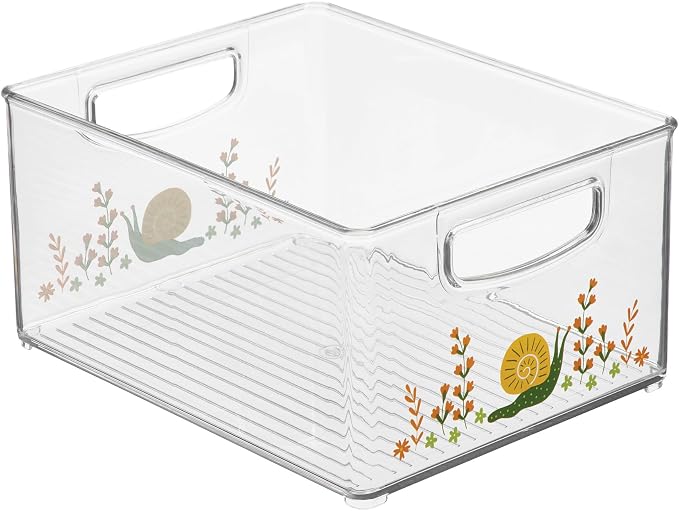 iDesign Bathroom Organizer Bin, Clear/Snail | Decorative Print, Stackable, Plastic Storage Basket, For Makeup & Vanity Organization