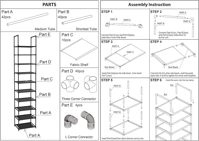 FIDUCIAL HOME 10 Tiers Vertical Shoe Rack 10 Pairs Skinny Shoe Shelf | Tall Narrow Space Saving for Entryway Closet, Easy to Assemble, 11"L x 11"W x 68.8"H