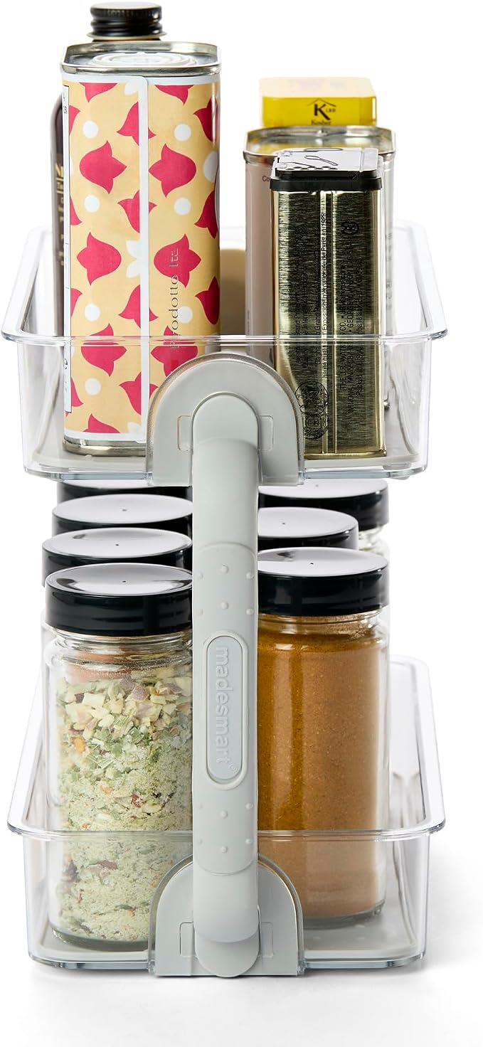 madesmart Two Level Spice Organizer, Grey | tiered layout, label visibility, soft grip lining, cabinet pantry use, seasoning bottles, woman owned
