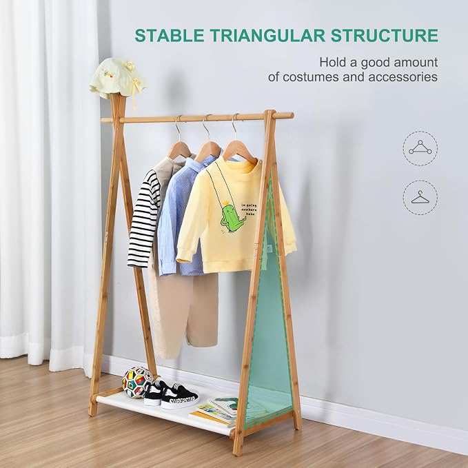 Jotsport Bamboo Kids Dress Up Rack Foldable Design with Fabric Storage | Small Kids Clothing Rack Toddler Wardrobe Closet for Play Room, Nursery, Baby Shower