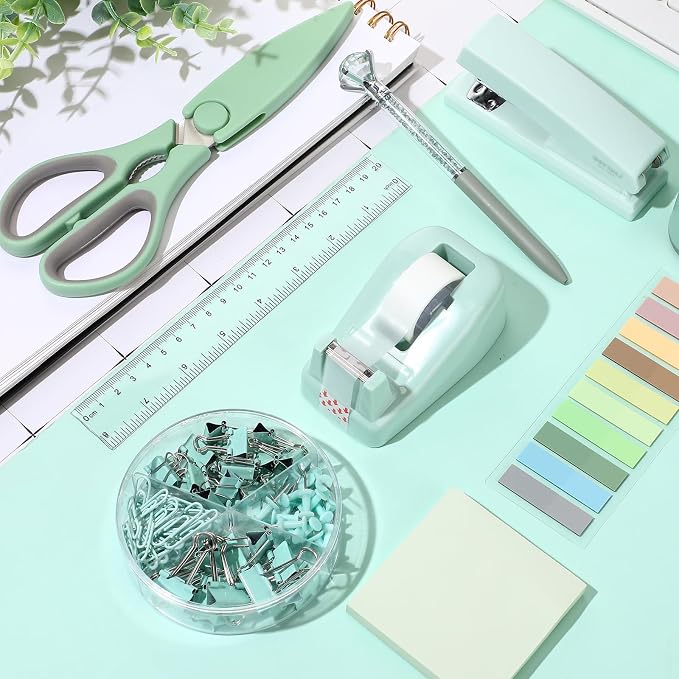 Sage Green Desk Accessories Office Supplies Set, 12 Pcs | 360° Rotating Pen Holder, Stapler, Tape Dispenser, Scissor, Sticky Notes, Binder Clips, Desk Organizers Gift for School