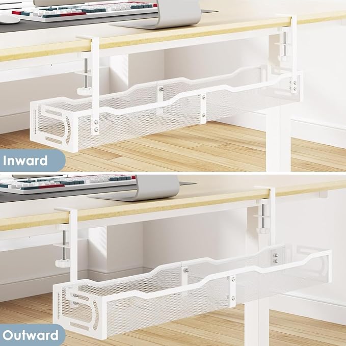 Cable Management, 25'' Cable Management Under Desk, Cable Tray | No Drill Under Desk Cable Management Tray, Cord Organizer with Clamp for Standing Desk, Desk Organizer for Home Office