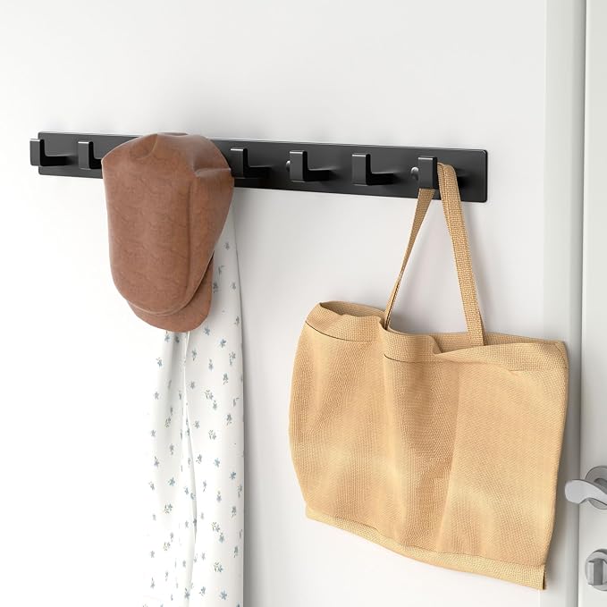 Black Coat Rack Wall Mount - 12.5" Rail with 4 Right-Angle Hooks(1 Pack) | Drill-Mounted Organizer for Coats, Hats, Bags in Entryway, Bathroom, Bedroom