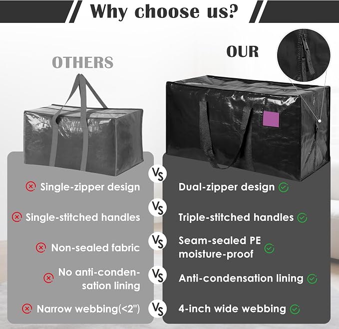 12 Pack Moving Bags with Full-Open Side Zipper, Extra Large 93L Heavy Duty Waterproof Foldable Storage Totes for College Dorm, Moving & Home Organization Black