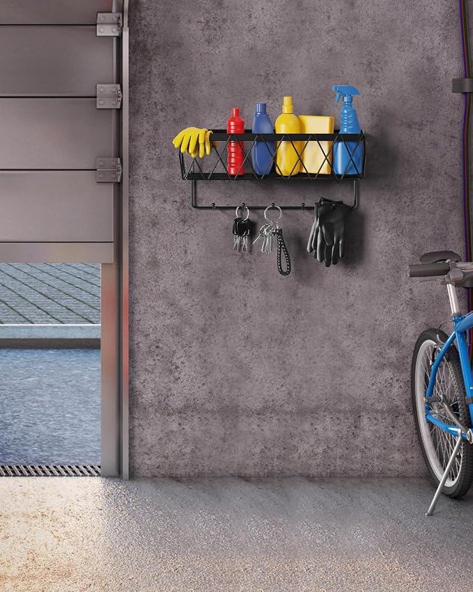Key Holder Wall Mount Adhesive- Key and Mail Holder for Wall with 5 Hooks, Wall Mounted Mail Organizer and Key Rack, Modern Basket Key Hanger for Entryway, Home, Living Room Wall Decor, Black