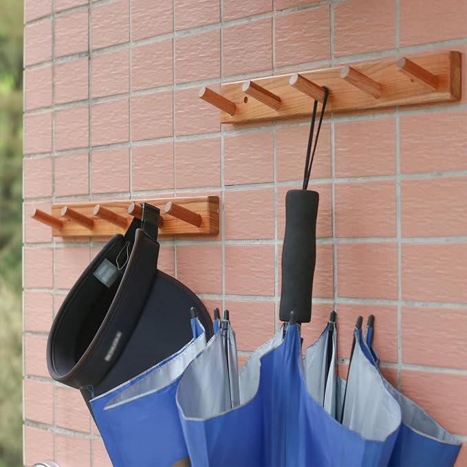 Natural Teak Wall-Mounted Coat Rack (Set of 2, 16'' Hole to Hole) - Farmhouse Entryway Hooks with 5 Wooden Hooks Each, Rustic for Bathroom, Mudroom 2P