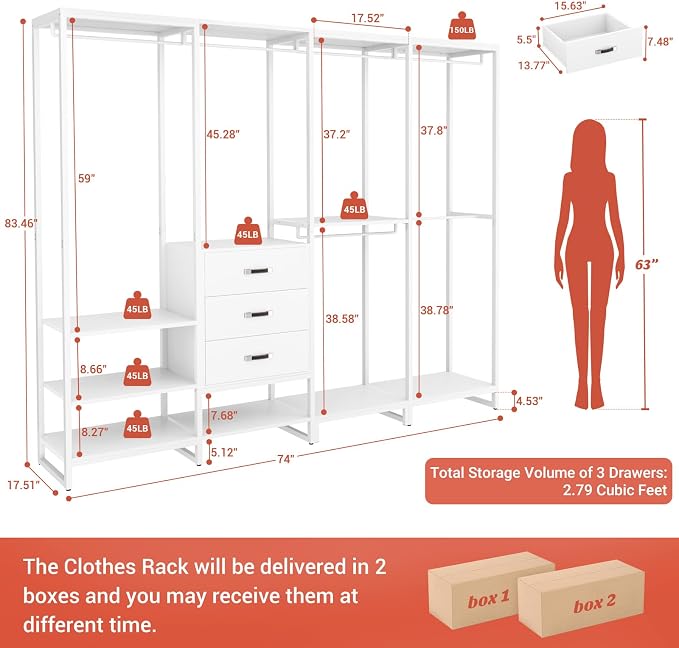Aheaplus Wood Clothes Rack Wardrobe Closets for Hanging Clothes Heavy Duty Garment Rack, Large Corner L Shaped Closet System Organizer Walk-in Closet for Bedroom with 3 Wood Drawers, Pure White