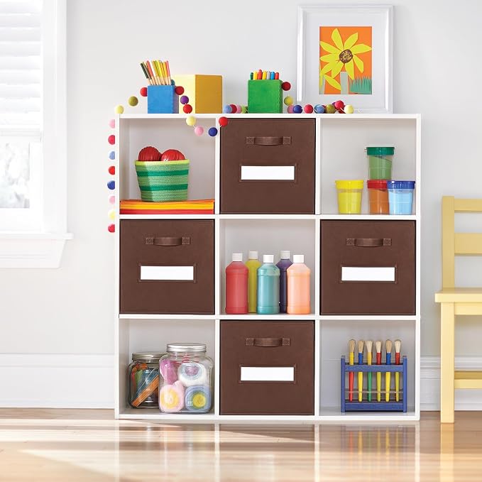 13x13x13 Storage cube bins(Set of 8) Fabric storage cubes with 8 Labels Window Cards & a Pen, Storage cubes 13x13, Collapsible 13 inch Cube storage bins, Cubby Organizer Boxes, Brown