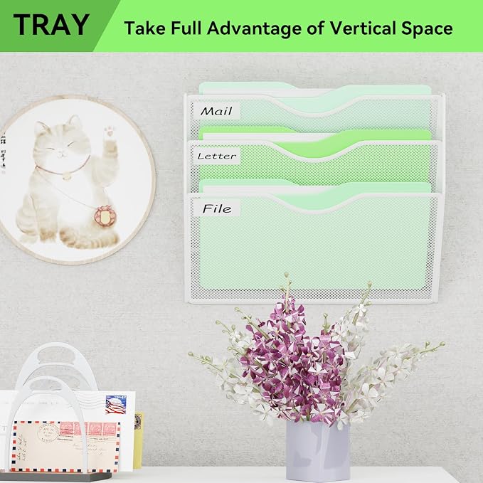 3 Pockets Hanging Wall File Organizer Mail Holder, Wall Mounted Paper Document Folder Holder, Clipboard Storage Organization Magazine Rack, White
