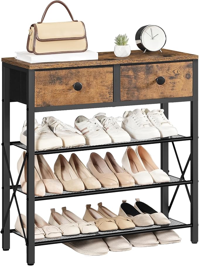 4 Tier Shoe Rack, Large Capacity Shoe Storage Organizer, Metal Shoe Shelf with Drawer and Wooden Top, for 16 Pairs of Shoes, for Entryway, Closet, Rustic Brown and Black SS24BR