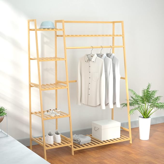 RELIANCER Bamboo Clothing Garment Rack,Free Standing Clothes Coat Hanger,Closet Organizer w/Shoe Rack,Multi-tiered Wardrobe Storage Shelves,Clothes Hanging Racks for Hall,Living Room,Bedroom,Entryway