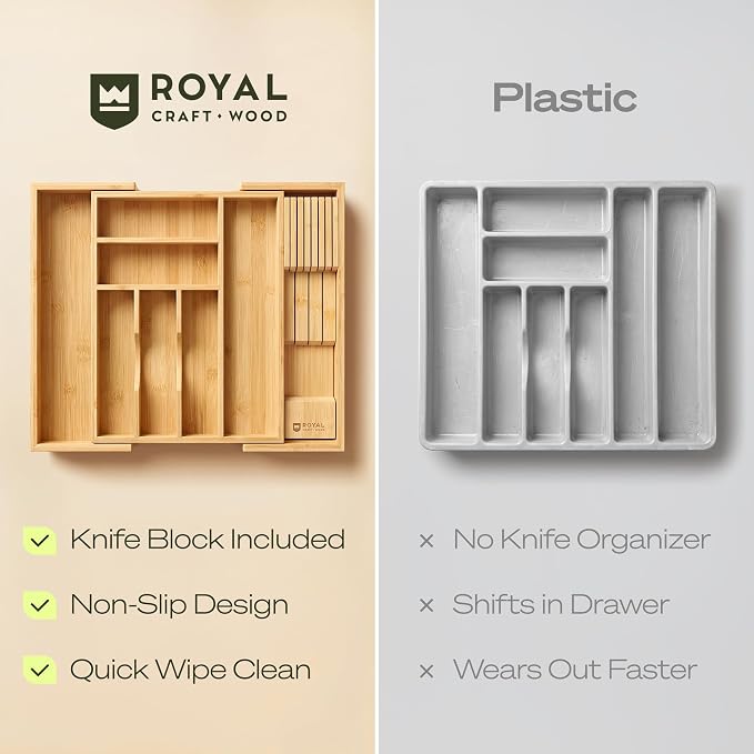 Drawer Organizer for Kitchen Organization – Expandable Bamboo Silverware Drawer Organizer with Removable Knife Block, Bamboo Cutlery, Non-Slip Utensil Organizer with 7-Slot Knife Storage for Flatware