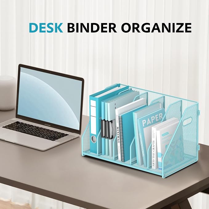 Binder Organizer, Magazine File Holder with 5 Vertical Rack, Blue | Metal Desk File Organizer & Binder Holders, Magazine Organizers for Office Desktop, Home, School, Classroom