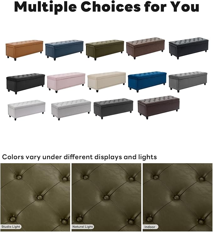 Tbfit 50.8" Large Storage Ottoman Bench with Button-Tufted Top, Blue PU Faux Leather End of Bed Chest with Safety Hinge and Rivets for Bedroom, Living Room (Green PU)
